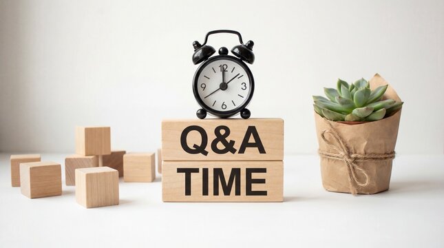 A clock sits on wooden blocks with Q&A Time next to a potted plant and cubes on a table indoors.