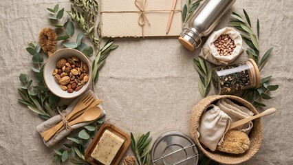Fototapeta premium Circular Economy and Zero Waste Lifestyle Background with Natural Elements