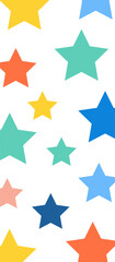 Obraz premium Seamless pattern of colorful stars on a white background, featuring various sizes and bright flat design elements for modern graphic projects.