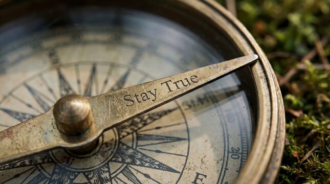 Close-up of a vintage compass with 'Stay True' engraving on its needle lying on moss.
