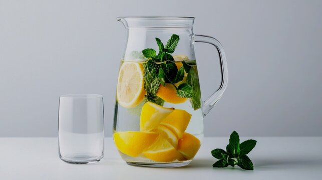 fruit-infused water. A simple, clear glass pitcher is filled with water, thin slices of lemon, and fresh mint sprigs