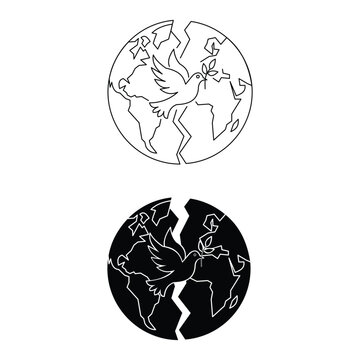 Broken earth globe and peace dove icon vector.Editable stroke, Vector illustration, Line art Icon, Symbols.