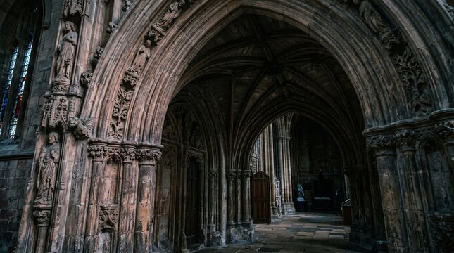 Close-up of dramatic gothic cathedral 
stone archway