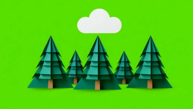 Minimalist Pop Up Papercraft Forest Animation Growing Low Poly Landscape on Green Screen for Chroma Key