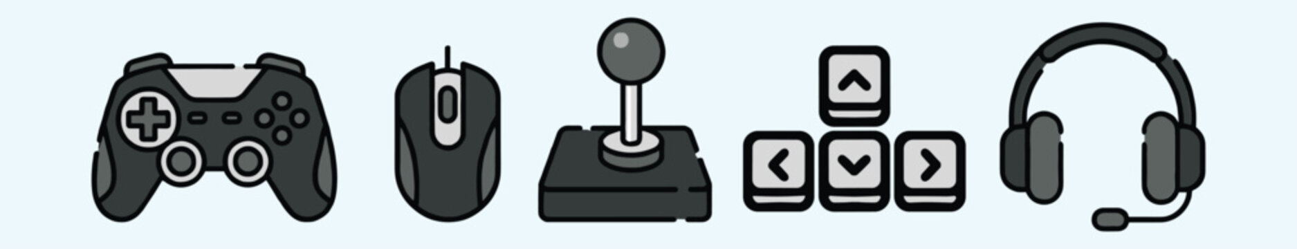 Gaming equipment and peripheral icons. Gaming peripherals including controller mouse and headset