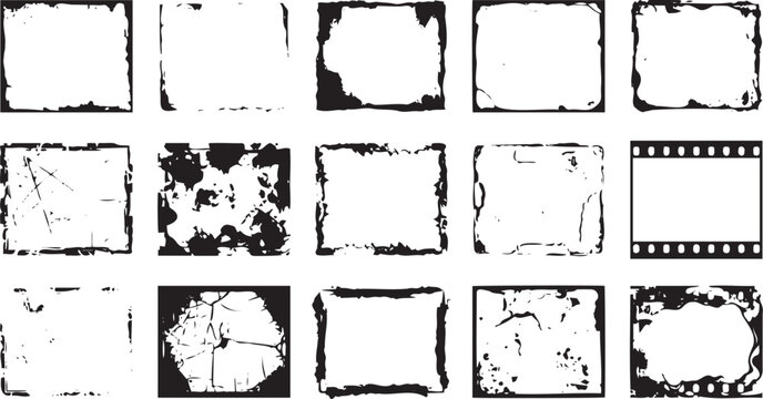 Diverse collection of distressed grunge vector frame designs featuring rough edges and textured borders for professional graphic art layout projects