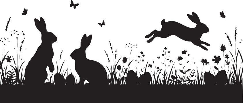 Black silhouette vector illustration of cute bunnies jumping and sitting in a meadow filled with wildflowers and flying butterflies
