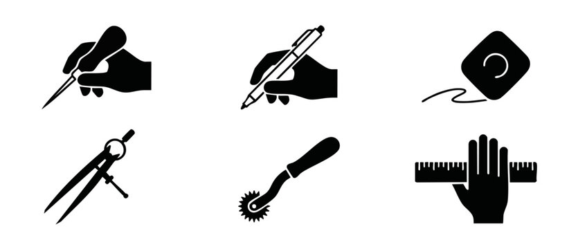 Sewing pattern tools icon set with hands holding ruler pen awl chalk drafting wheel and divider compass symbols for tailoring fashion design craft and handmade hobby isolated on clean white background