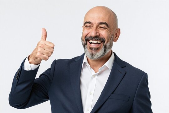 A bald man in a blue suit giving a thumbs up