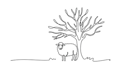One continuous line illustration of an Sheep animal , isolated on white background. © line
