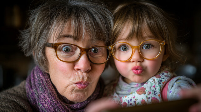 Grandmother and grandchild wearing glasses making funny faces with family time, grandmother