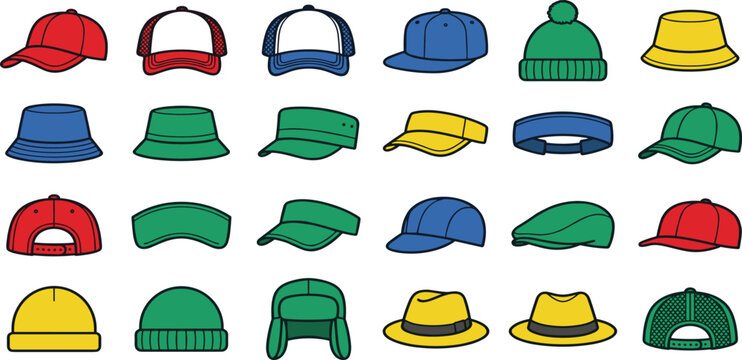 Casual headwear vector icon collection featuring classic baseball cap trucker hat sun visor bucket hat winter beanie snapback and fedora headgear set