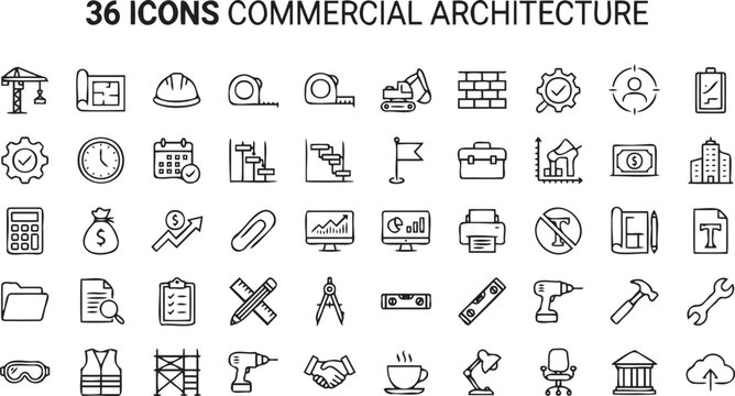 Collection of thirty six professional commercial architecture vector icons featuring construction tools and project management symbols in clean black lines