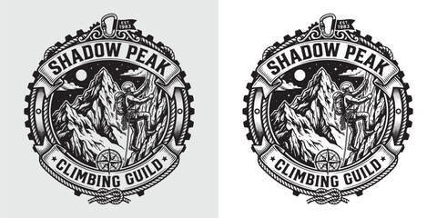 Fototapeta premium Shadow Peak Climbing Guild Expedition Emblem with Compass