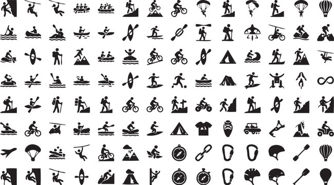Black vector illustration set featuring various adventure sports icons like hiking kayaking mountain biking and extreme outdoor activity silhouettes collection