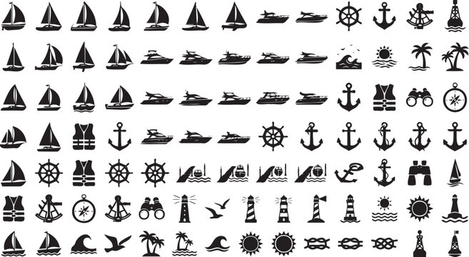 Set of black silhouette vector icons featuring various nautical elements like sailing boats yachts anchors lighthouses and maritime navigation tools