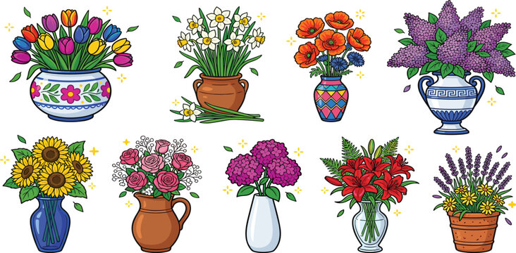 Spring floral vector collection featuring beautiful tulip sunflower poppy lilac narcissus rose lily and lavender bouquet arrangements in decorative ceramic vase pots
