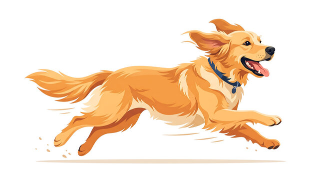 Cheerful full body vector illustration of a happy golden retriever running fast on a white background with a blue collar
