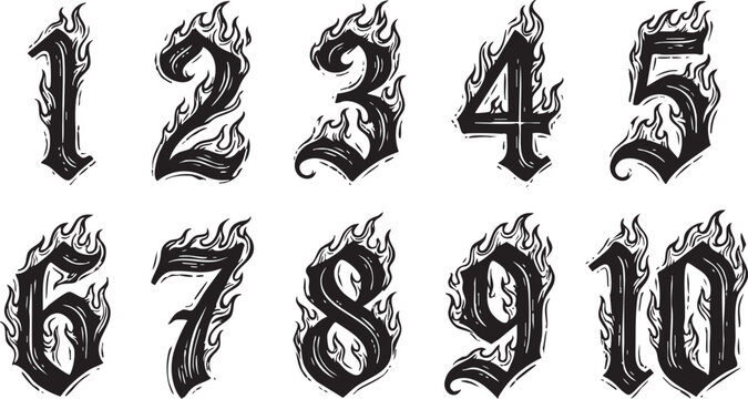 A collection of numbers from 1 to 10 rendered in a gothic font with flames engulfing each digit, creating a fiery and dramatic visual effect.
