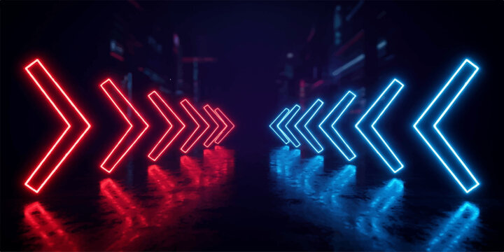 Abstract neon arrow pathway with reflective floor abstract direction technology futuristic reflection perspective geometric showcase environment interior illuminated background minimalist