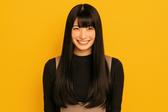 Smiling young woman with long black hair against yellow background