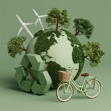 Green energy ecology concept sustainable transport recycling symbol earth globe wind turbine tree bicycle eco friendly