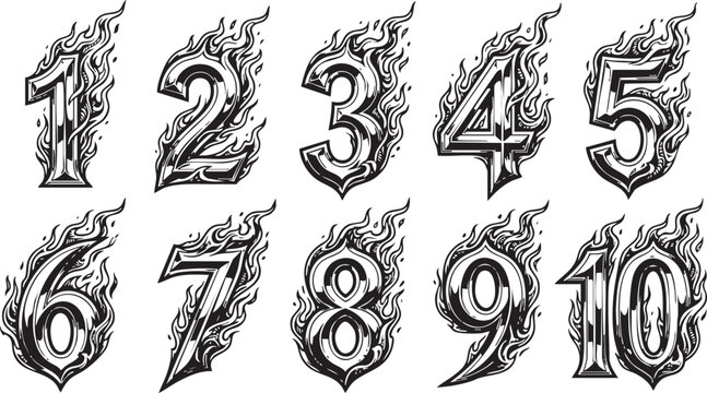 A collection of stylized numbers from one to ten, each depicted with fiery flames and intricate decorative elements.