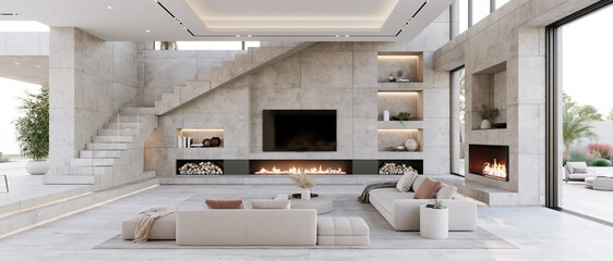 Obraz premium Modern villa interior spacious living room concrete wall staircase fireplace large window minimalist design open space
