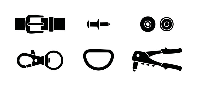 Leathercraft hardware icons rivet tool set featuring belt buckle, snap hook, d-ring, grommets, and hand riveter vector silhouettes isolated on white background for sewing, crafting, DIY design.