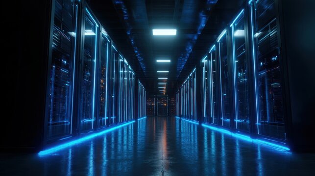 Data center server room blue neon lights and technology infrastructure