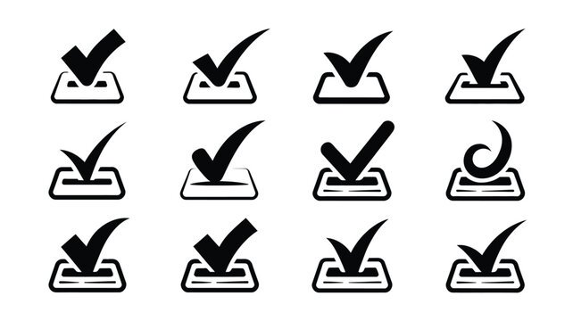 Collection of unique hand drawn tick mark icons in square boxes for creative dashboard ui.