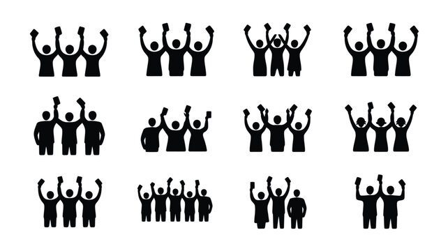 Silhouettes of people cheering with raised hands holding election ballots for voting event.