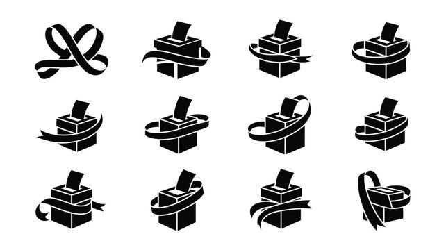 Black icons of election ballot boxes with decorative flowing ribbons representing democracy.