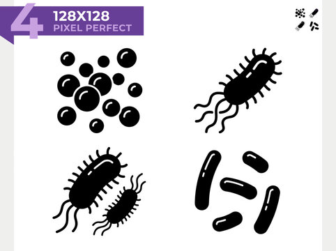 Microbiology vector icons set representing bacteria, infectious virus germs, microbe pathogens, bacilli and cocci organisms