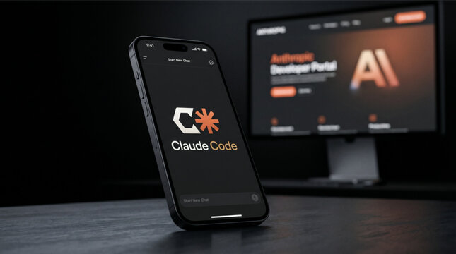 Claude Code AI developer assistant app by Anthropic on smartphone screen with Anthropic Developer Portal on blurred computer monitor in professional dark office workspace, generative AI coding.