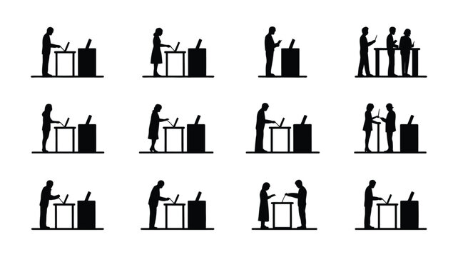 People voting at electronic voting machines, diverse individuals participating in democratic process.