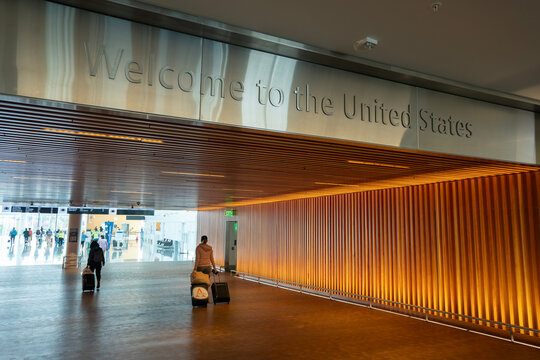 SeaTac, WA, USA - Oct 25, 2023: A welcome sign greets passengers who have gone through Passport Control by the U.S. Customs and Border Protection (CBP) at their first point of entry into the U.S.