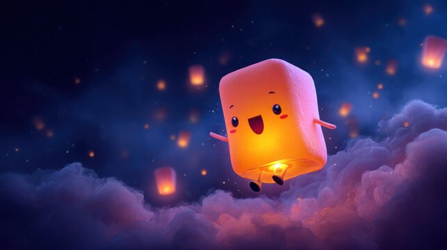 A smiling, cube-shaped character with arms and legs floats with glowing lanterns against a night sky background