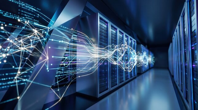 Futuristic server room with glowing data streams and network connections, cloud computing infrastructure and big data storage technology concept