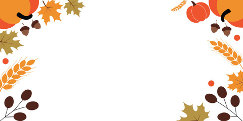 Autumn harvest frame design with pumpkins, leaves, acorns, and wheat on transparent background © Sadhin07