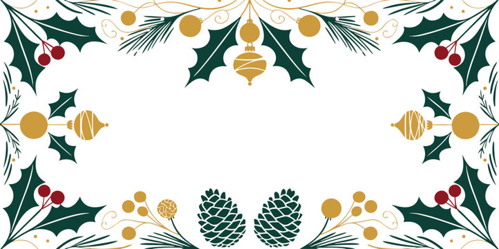 Christmas festive border frame with holly berries and pine cones