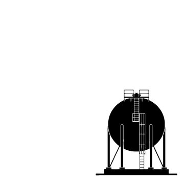 Black silhouette of a spherical industrial storage tank with a ladder and platform on a white background