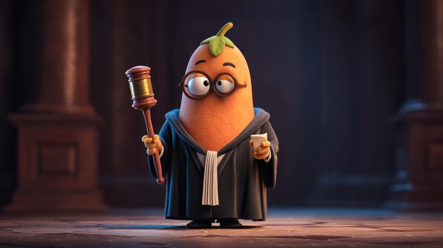 Anthropomorphic carrot judge, wearing robes, holding a gavel and a cup, in a grand courtroom setting