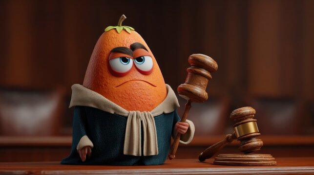 A grumpy, anthropomorphic citrus fruit wearing a judge's robe, holding a gavel, in a courtroom setting