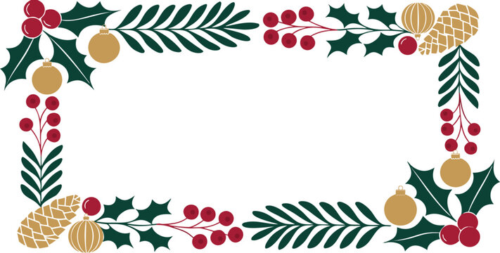 Elegant christmas border frame with holly branches berries and pine cones