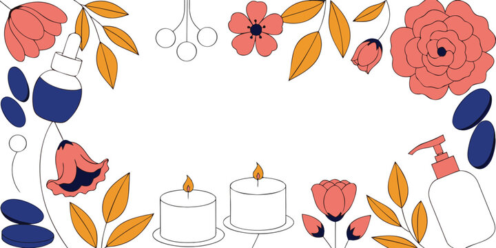Elegant spa and wellness frame with flowers candles and beauty products