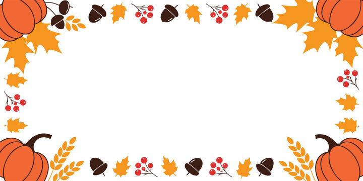Full autumn frame border with pumpkins and falling leaves, colorful harvest festival pattern on transparent background for holiday design