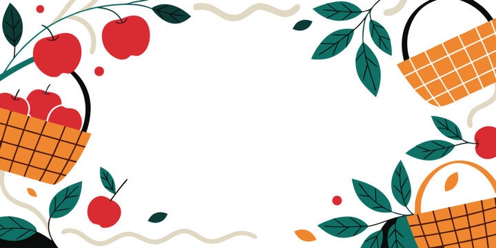 Fall apple harvest frame with baskets and green leaves