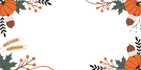 Rustic autumn border with pumpkins and textured acorns, fall foliage frame on transparent background for harvest season event promotion © Sadhin07