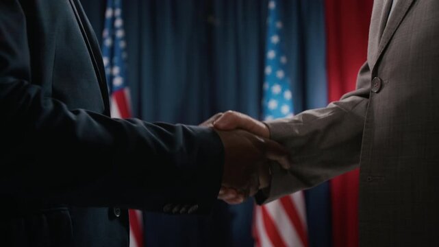 Close up shot of politicians shaking hands during summit with American flags in background. Clip is ideal for news broadcasts and political campaigns, close up shot